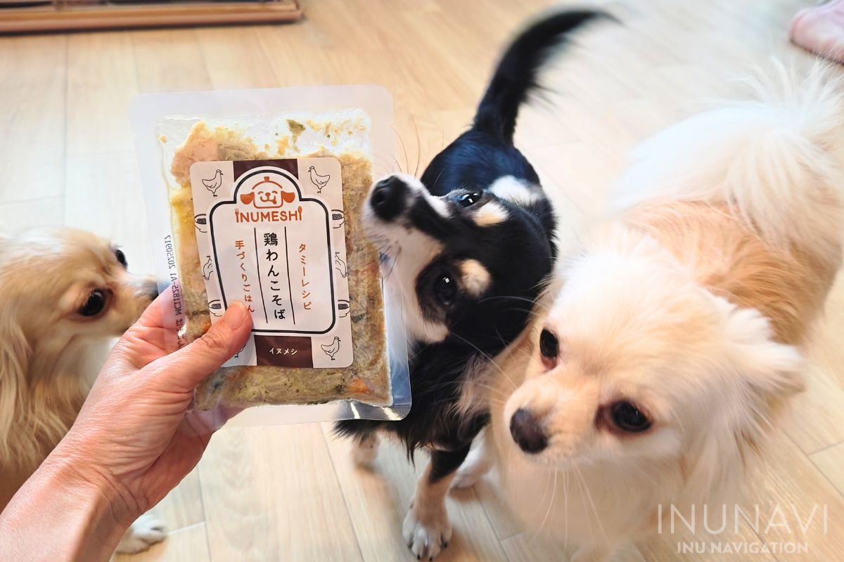 タミーレシピ　鶏わんこそば　パッケージと愛犬たち